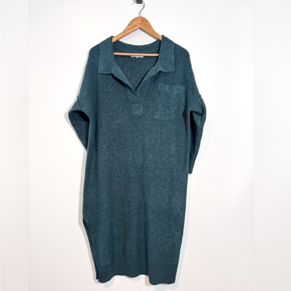 Stitch Drop Dark Green Soft Knit Side Slit Pocket Collared Sweater Dress Size XL